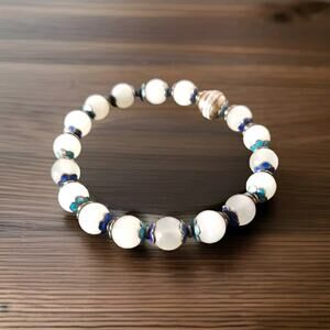 VTG and OOAK Sea Opal Cloisonné 7" Memory Wire Sterling Bracelet Screw clasp OLD